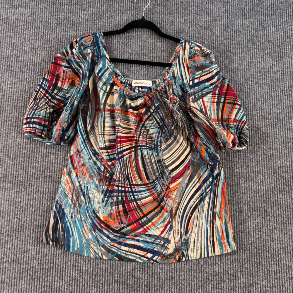 Boho Abstract Print Blouse Womens M Square Neck Short Sleeve Retro Art USA Made